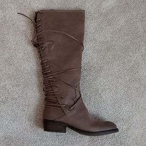 Tall Taupe Colored Lace Up Designer Boots w/Short Stacked Heels